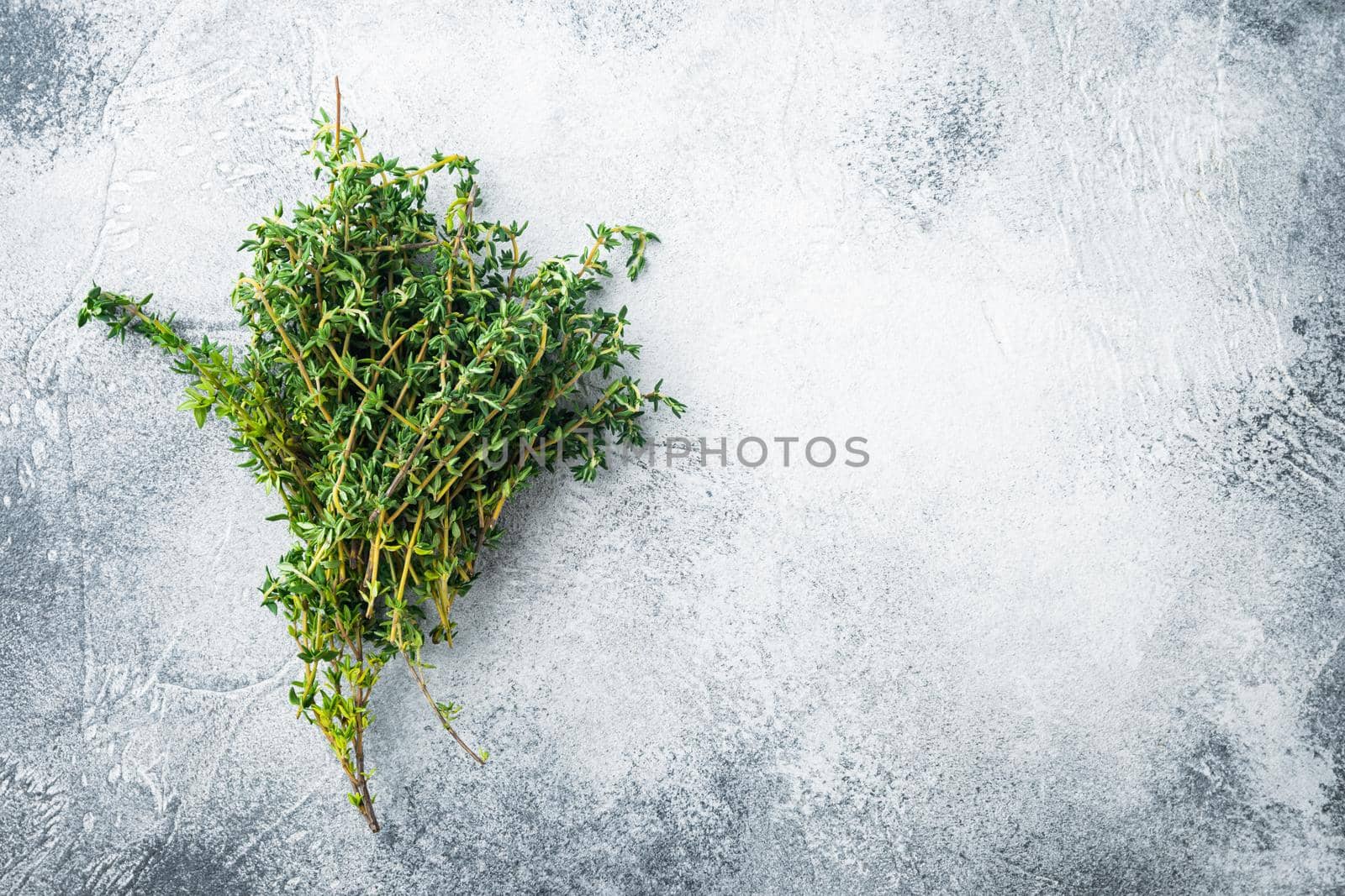 Thyme green fresh bunch, on gray background, top view with copy space for text