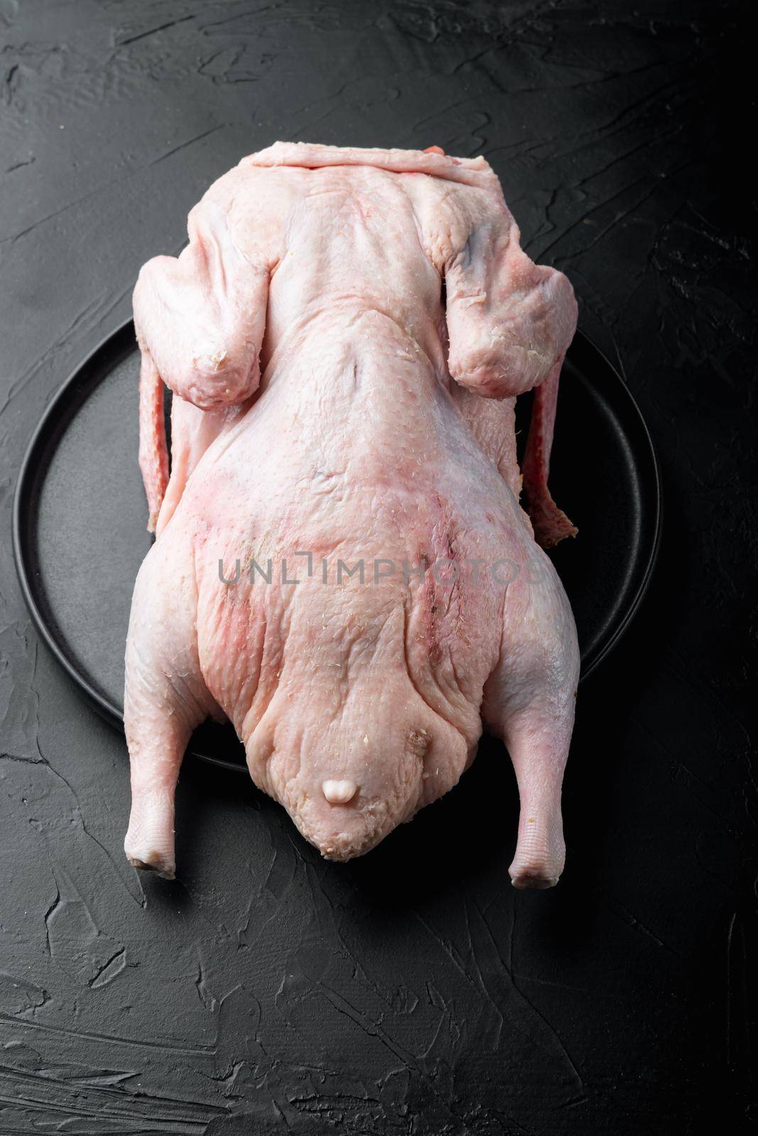 Whole raw duck meat on black background.