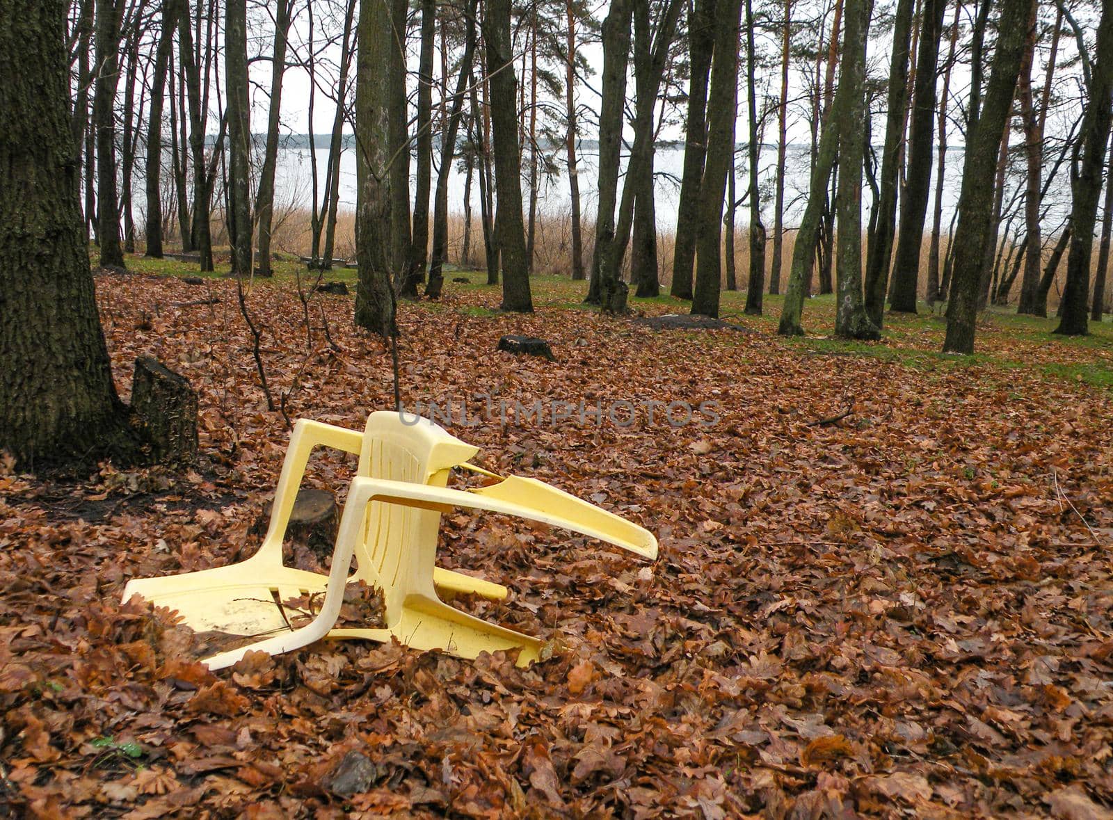 Environmental concerns from pollution of the forest and other natural environment. Plastic chair thrown in the forest by the lake and other plastics that pollute the forest..