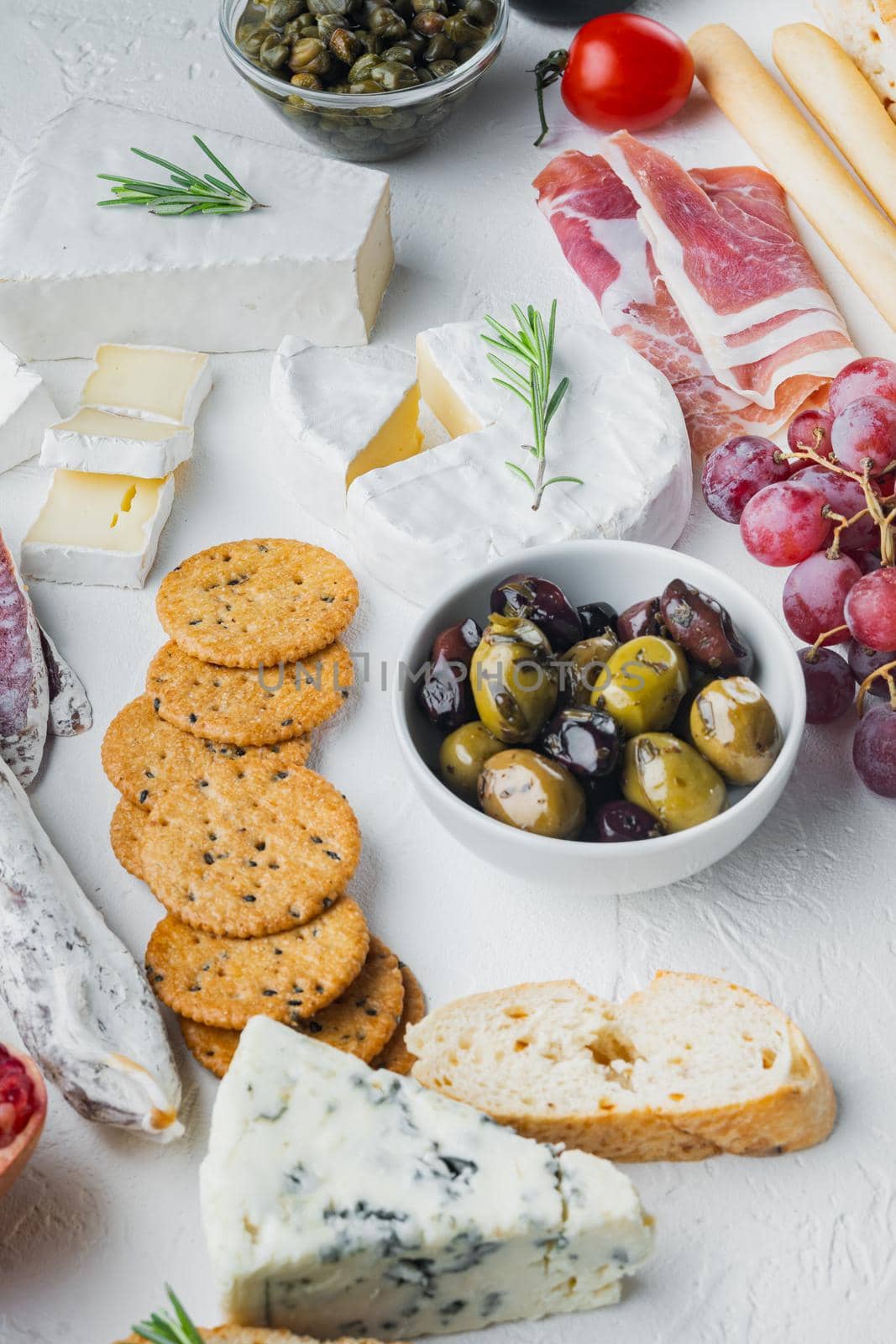Ingredients for mediterranean food, meat cheede, herbs set, on white background