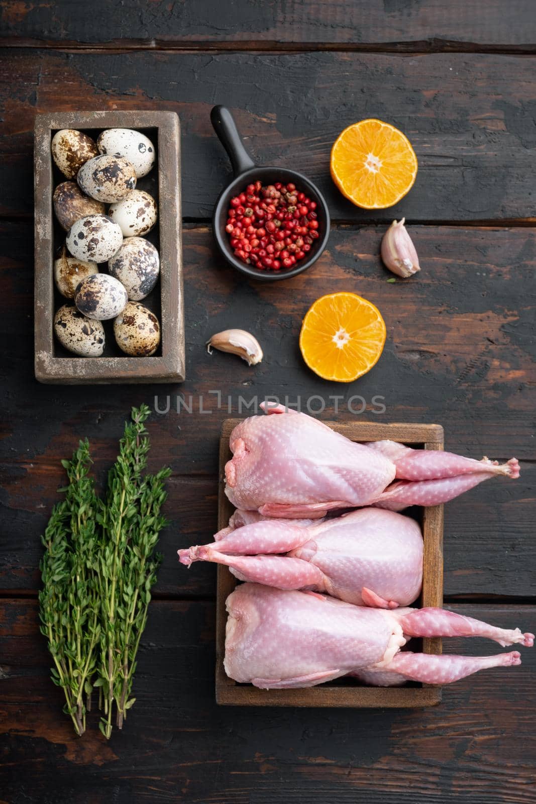 Fresh raw meat quails with herb, flat lay, on dark wooden background