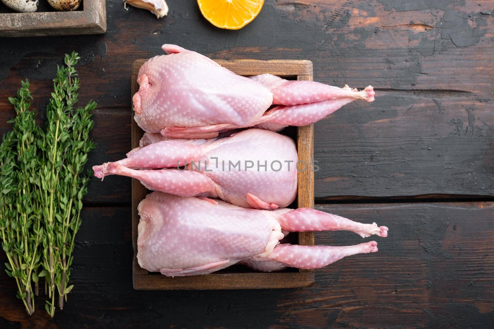 Whole quails meat with spices, herbs, vegetables, top view, on dark wooden background with copy space