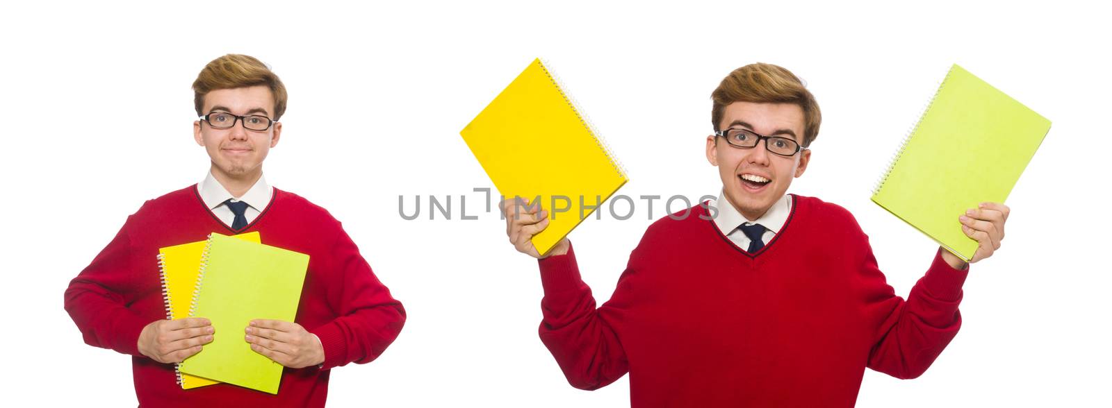 Student with paper isolated on white