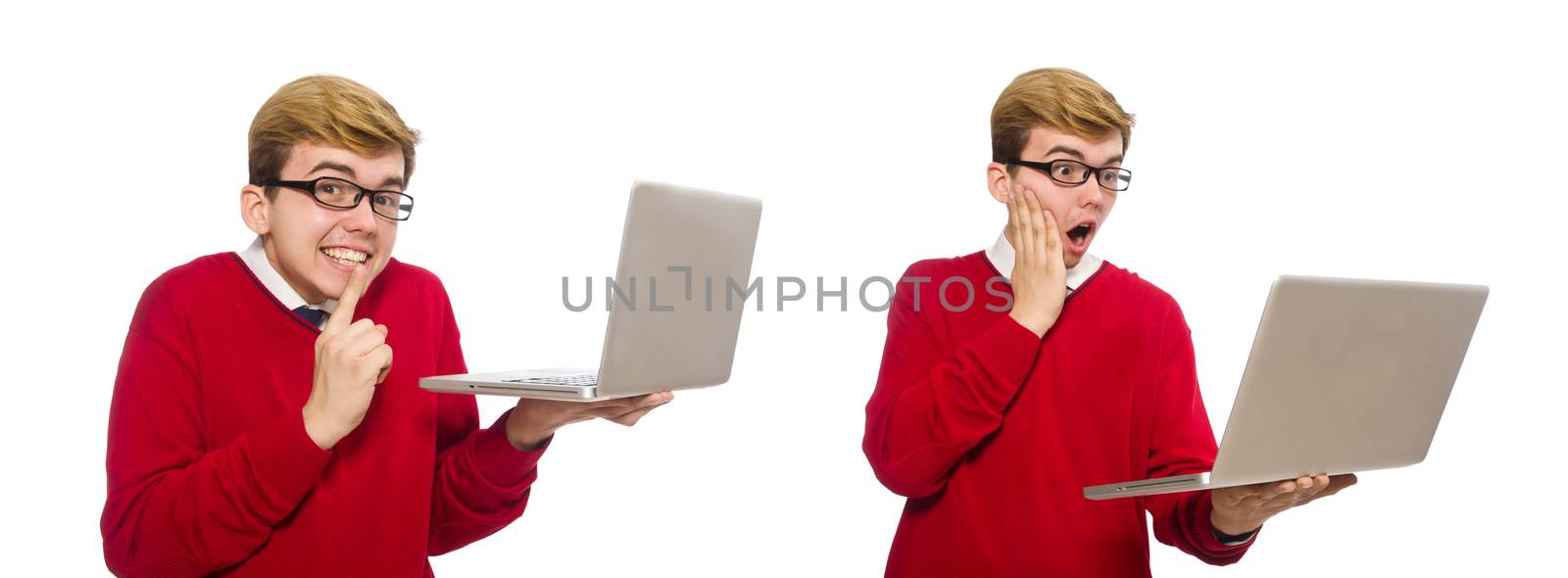 Student using laptop isolated on white