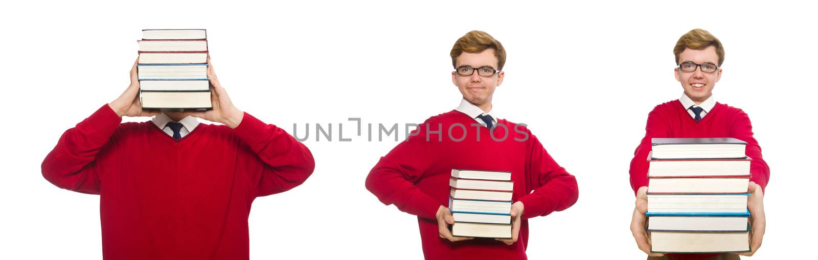 Funny student with books isolated on white