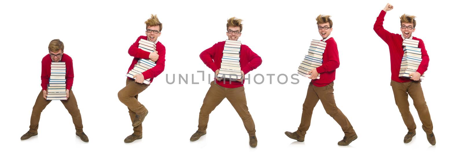 Funny student with books isolated on white