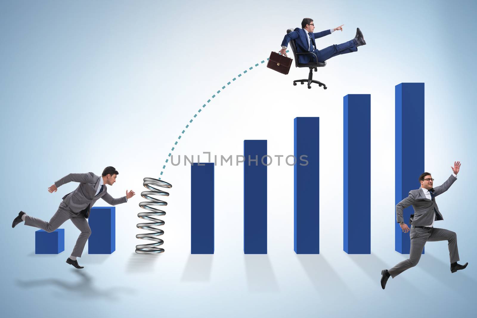 Business people jumping over bar charts