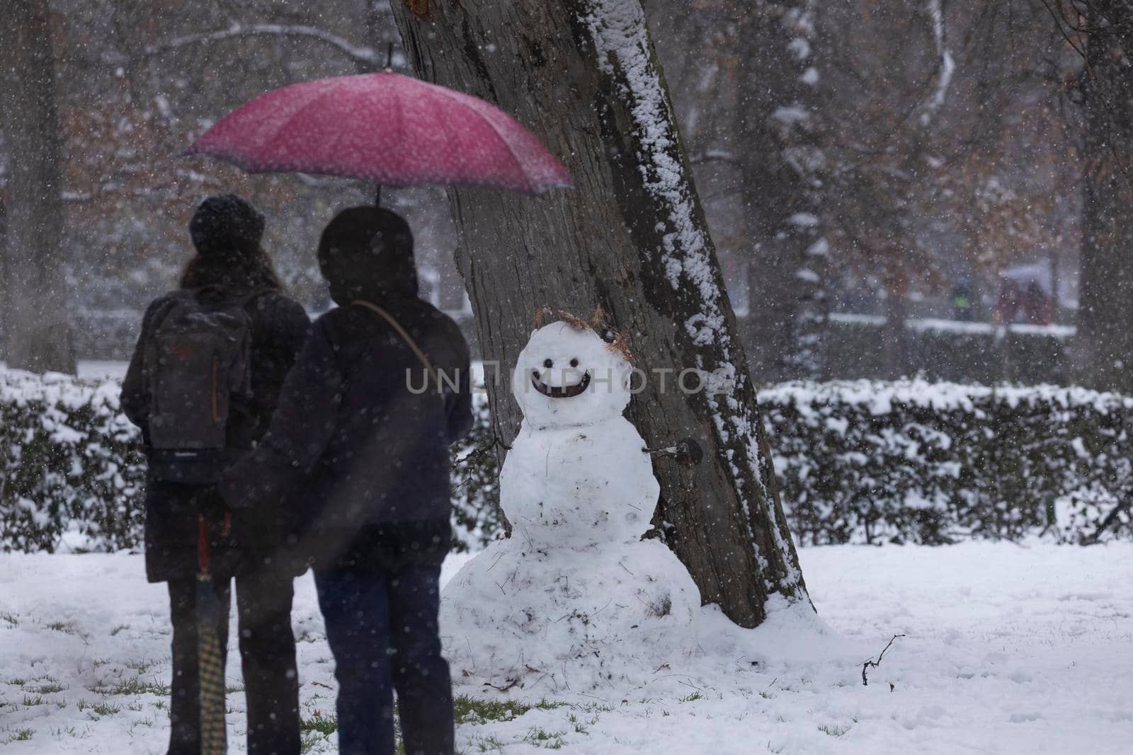 Madrid, Spain - January 08, 2021: People enjoying a walk through the Buen Retiro park in Madrid, in the middle of a snowy day, due to a wave of polar cold.