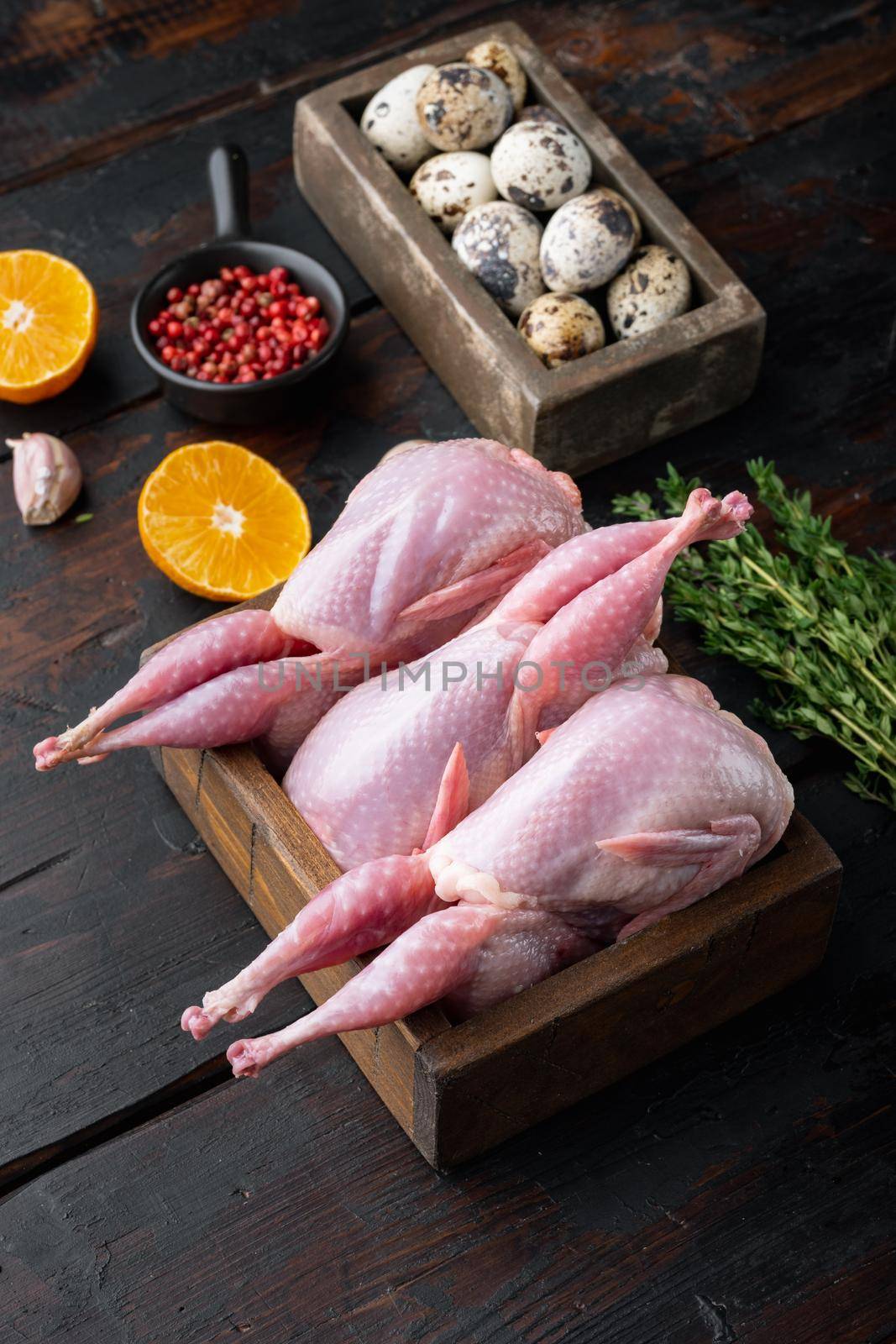 Homemade eco friendly raw quail, on dark wooden background