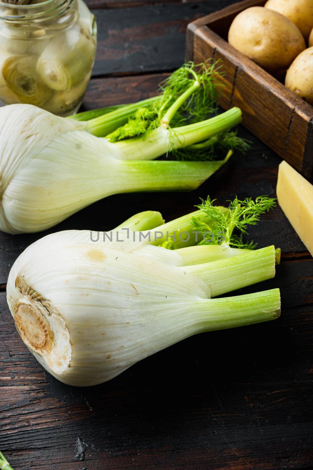 Genuine fresh raw fennel, on old wooden table