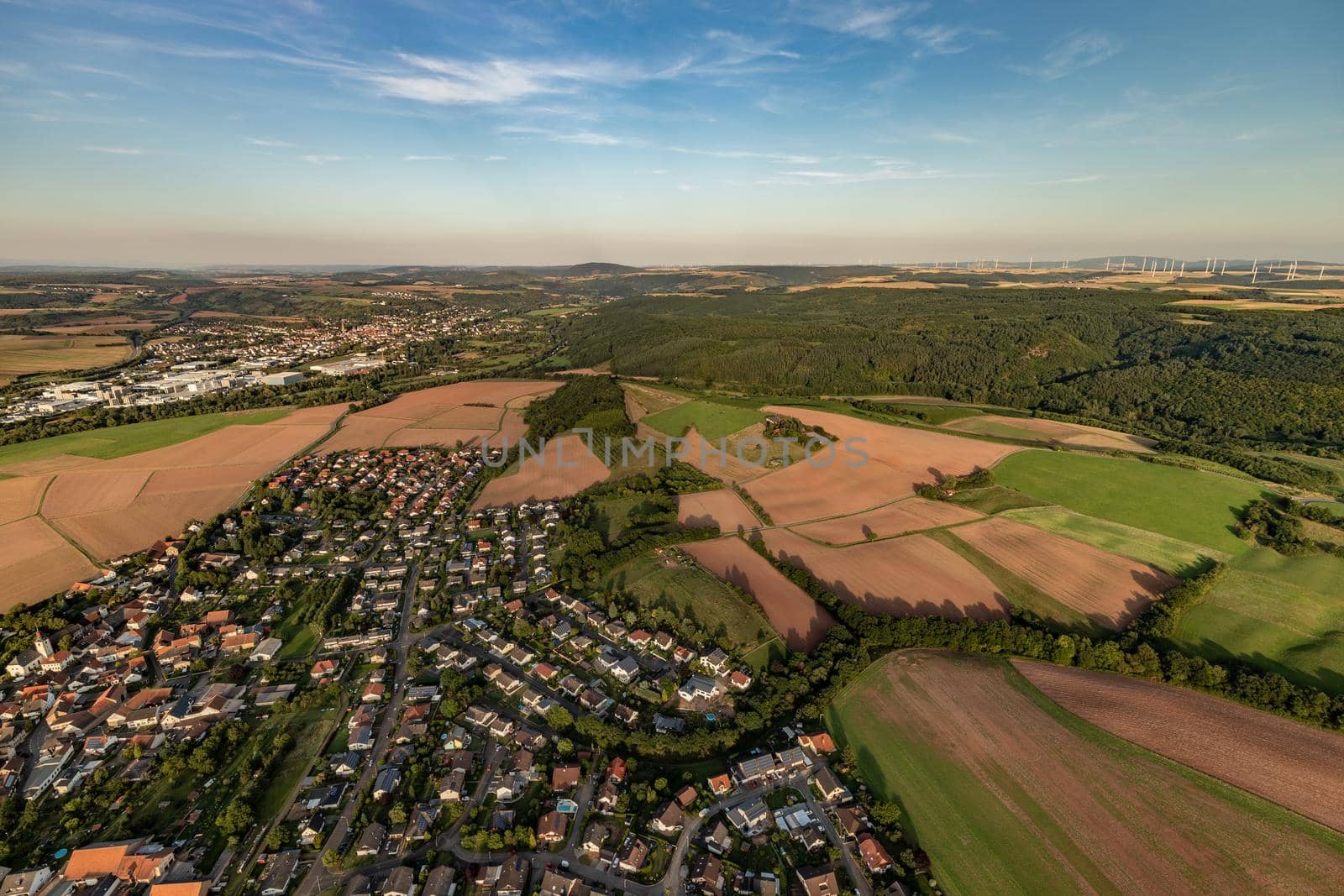 Aerial view at a landscape in Germany, Rhineland Palatinate near Bad Sobernheim with  meadow, farmland, forest, hills, mountains 