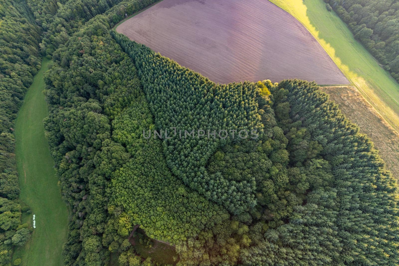 Aerial view at a landscape in Germany, Rhineland Palatinate near Bad Sobernheim with  meadow, farmland, forest, hills, mountains 