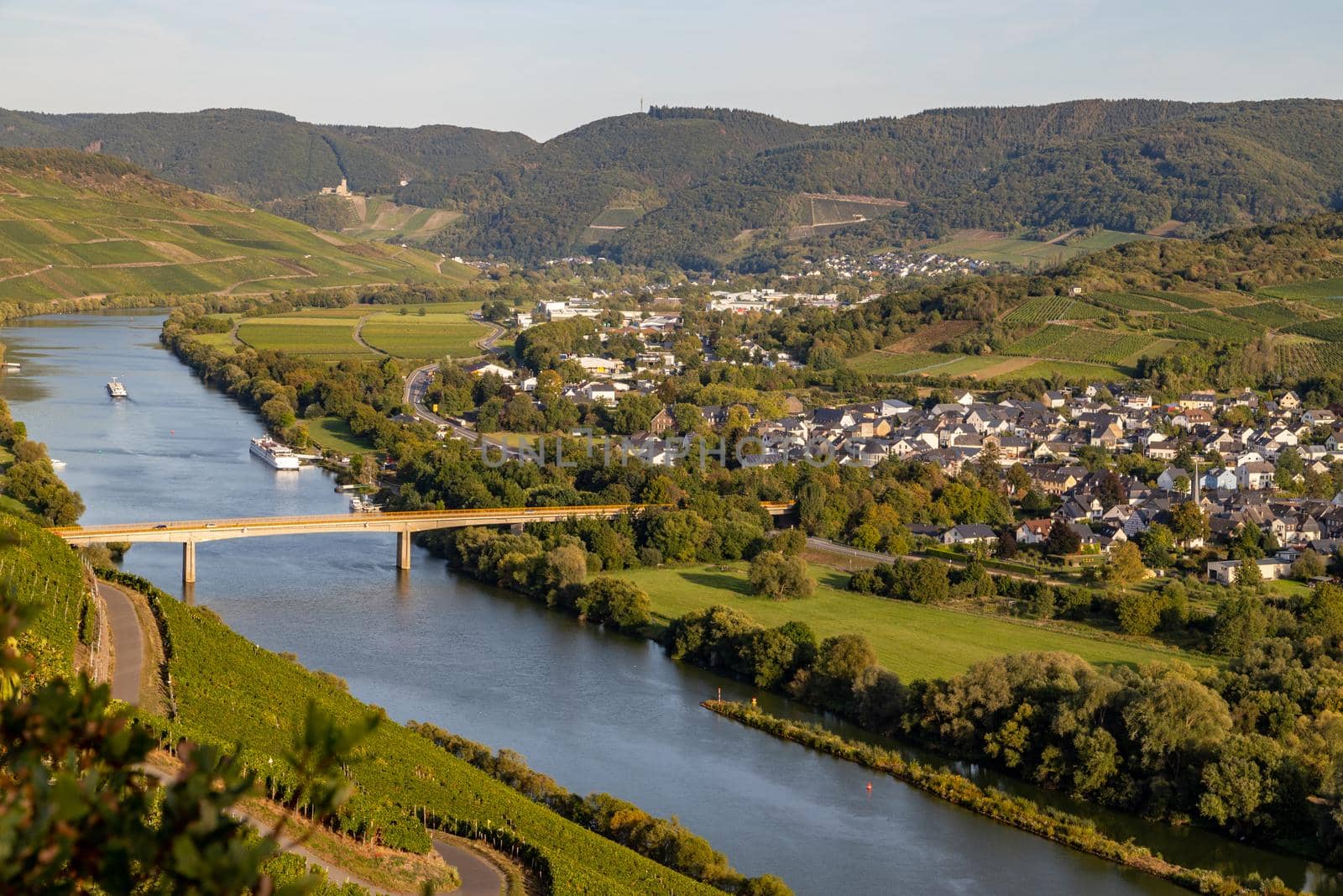 Panoramic view of the Moselle valley with the wine village Mülheim in the background on a sunny autumn day