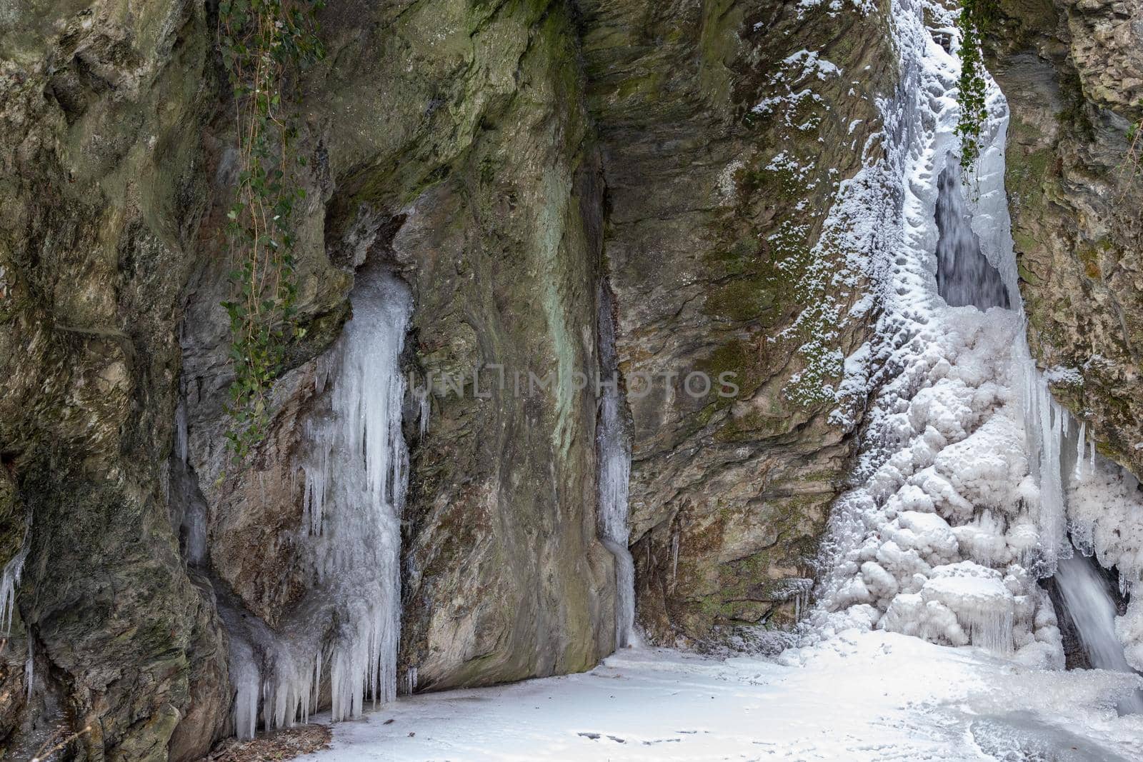 Ice structures, icicles at the Tiefenbach waterfall in Bernkastel-Kues on the Moselle