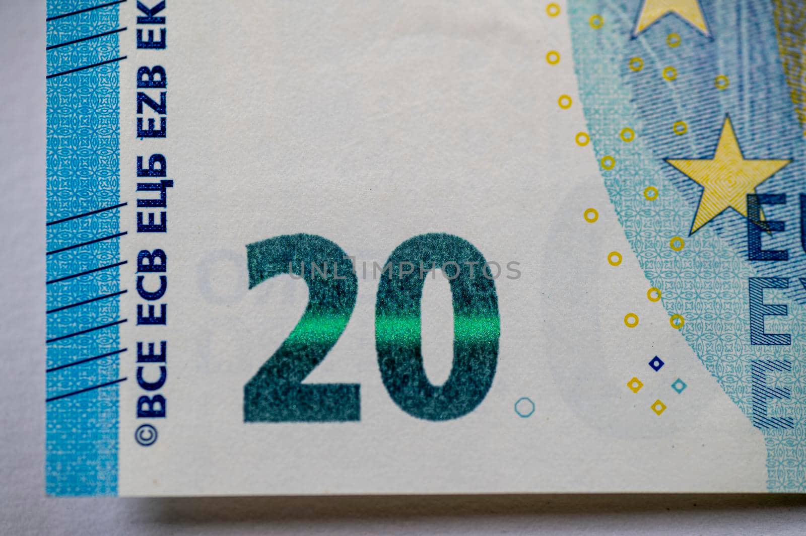 the detail 20 euro banknote on a white background