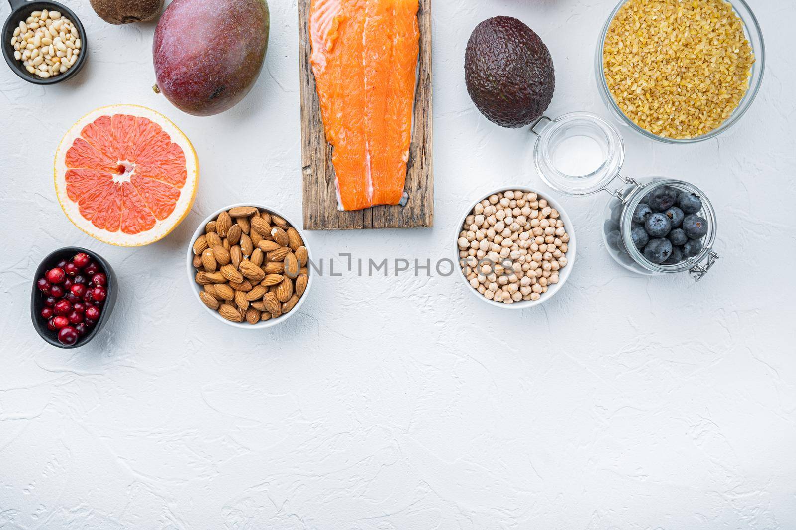 Healthy products with immunity boosters, flat lay with space for text, on white background.