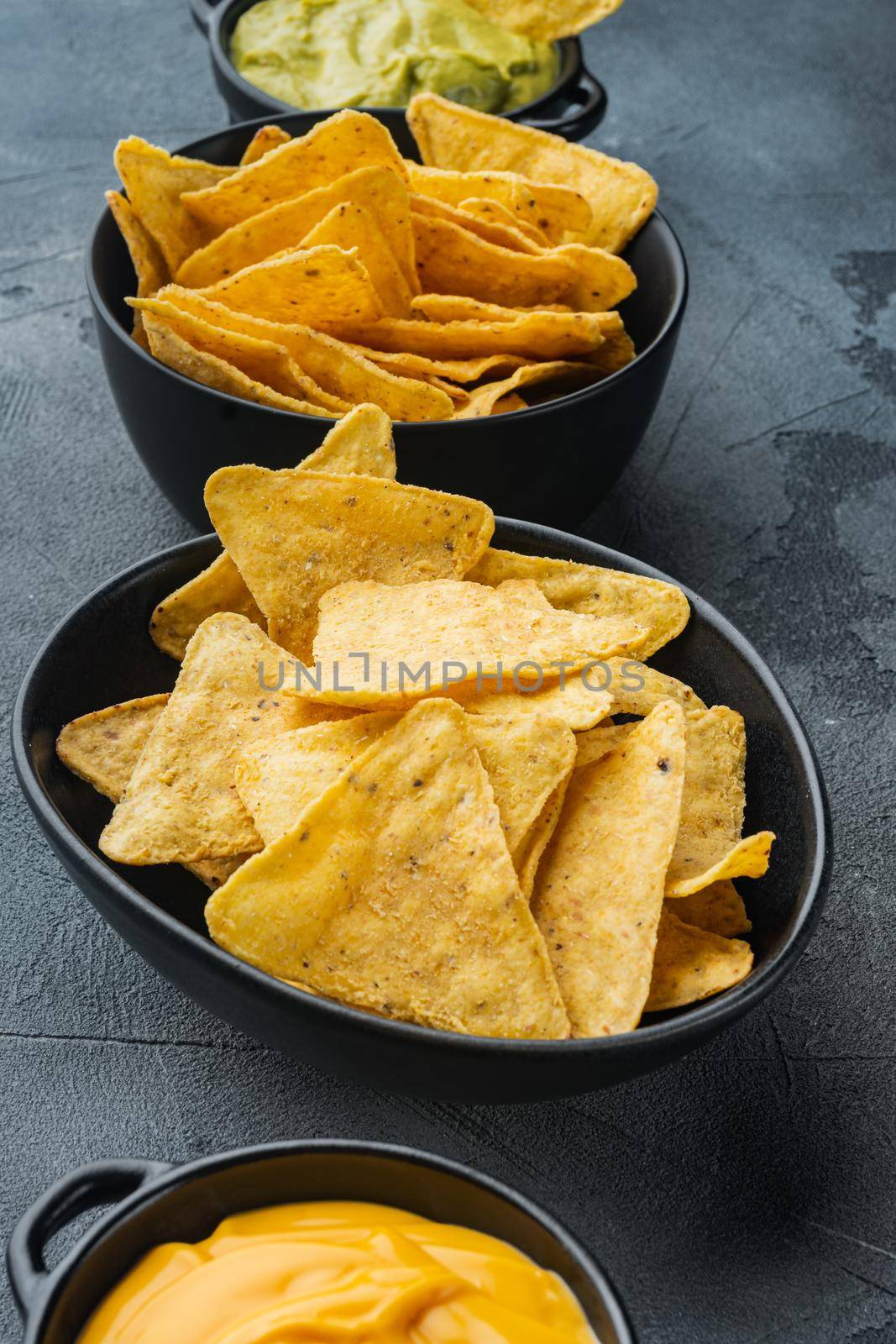 Mexican nachos with sauce set, on gray background
