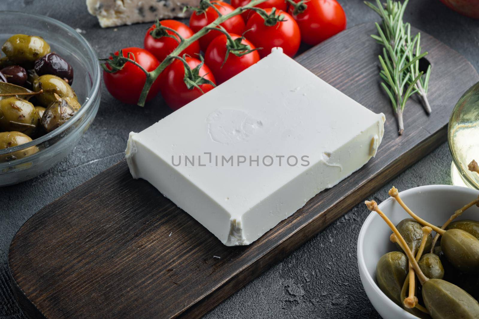 Traditional greek feta cheese set, on gray background