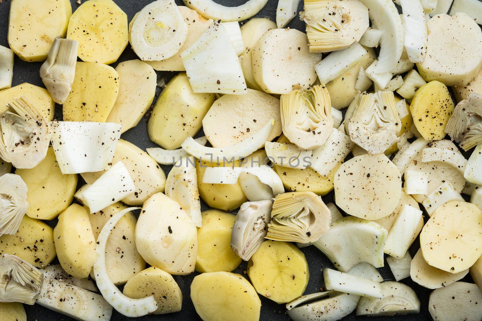 Potato and artichoke with fennel for baking raw ingredients, top view