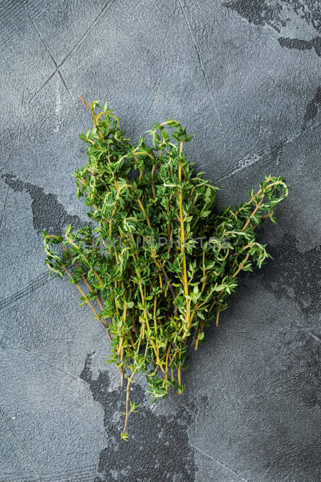Thyme green organic bunch of herb, on gray background, top view