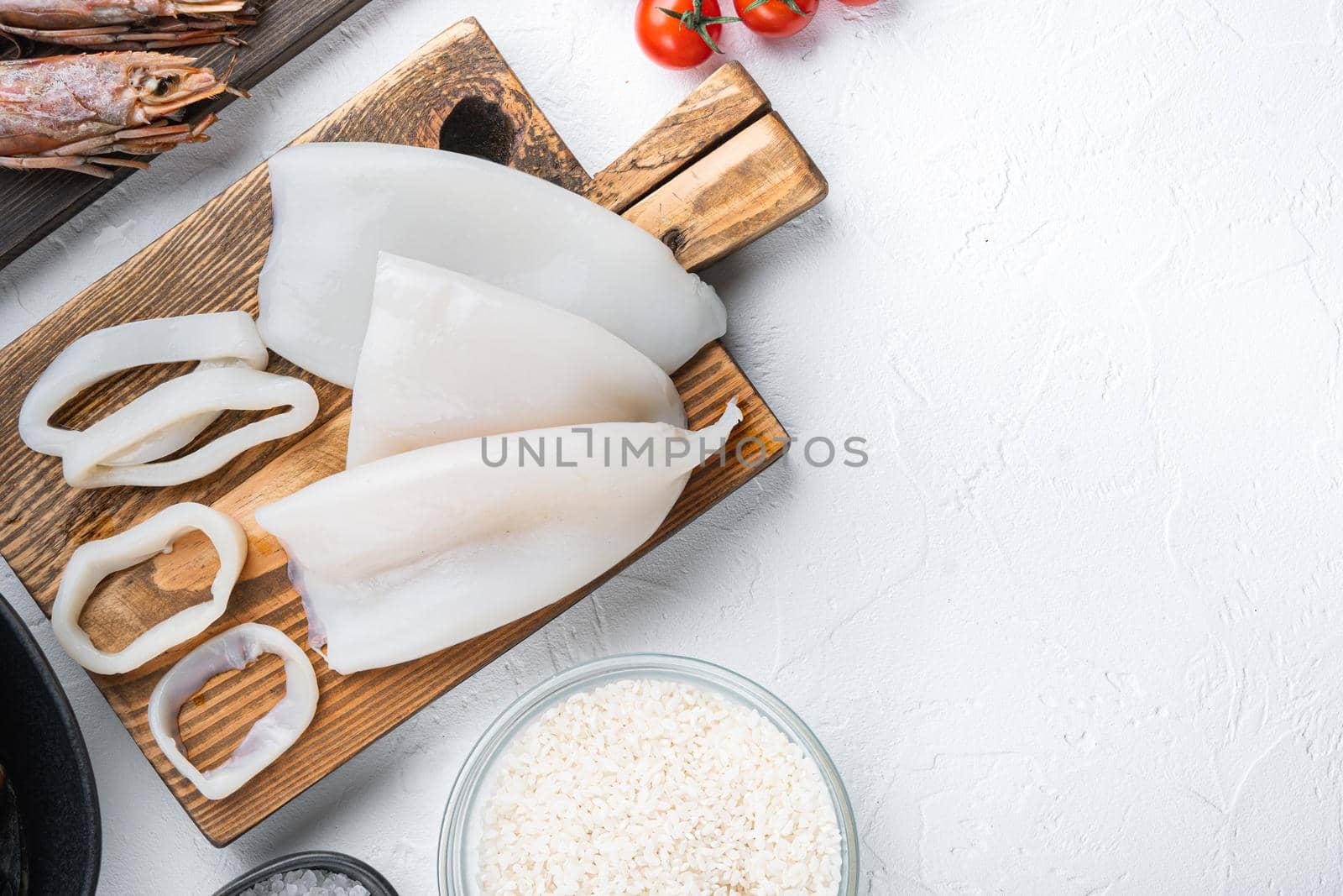 Fresh raw cuttlefish or squid on white background, top view with space for text, food photo.