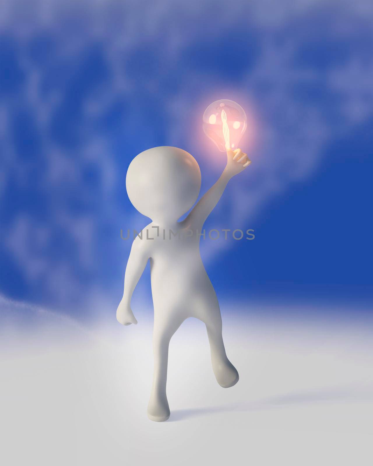 3d man with idea lightbulb on his finger at the blue-white background by ankarb