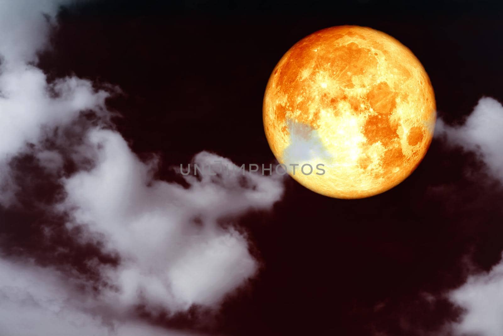 full corn blood moon and white gray silhouette cloud sky in the night sky, Elements of this image furnished by NASA