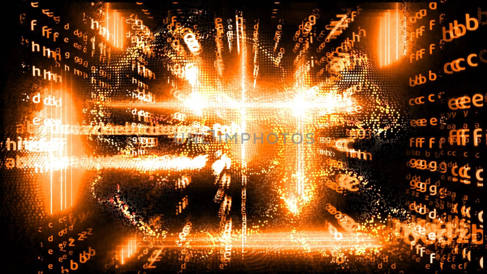 Quantum computer futuristic abstract laser relation full power block chain and matrix alphabet dimension vertical on black background