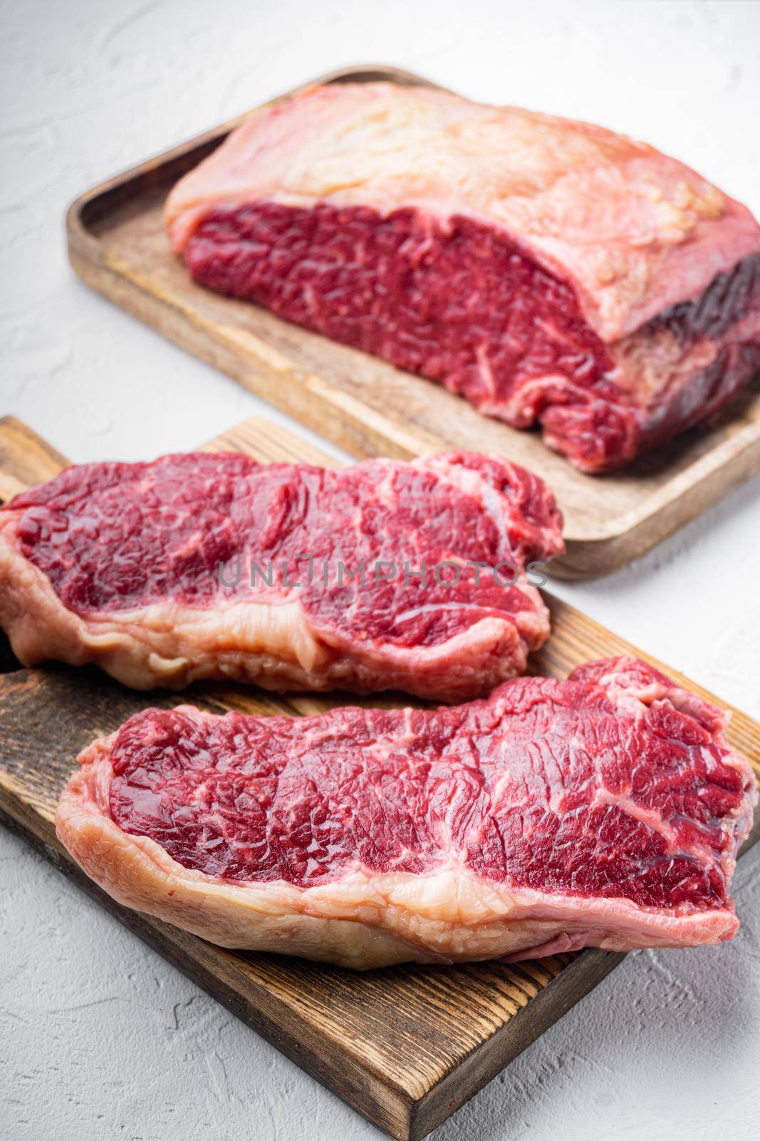 Kansas city raw organic beef steak cut, on white background