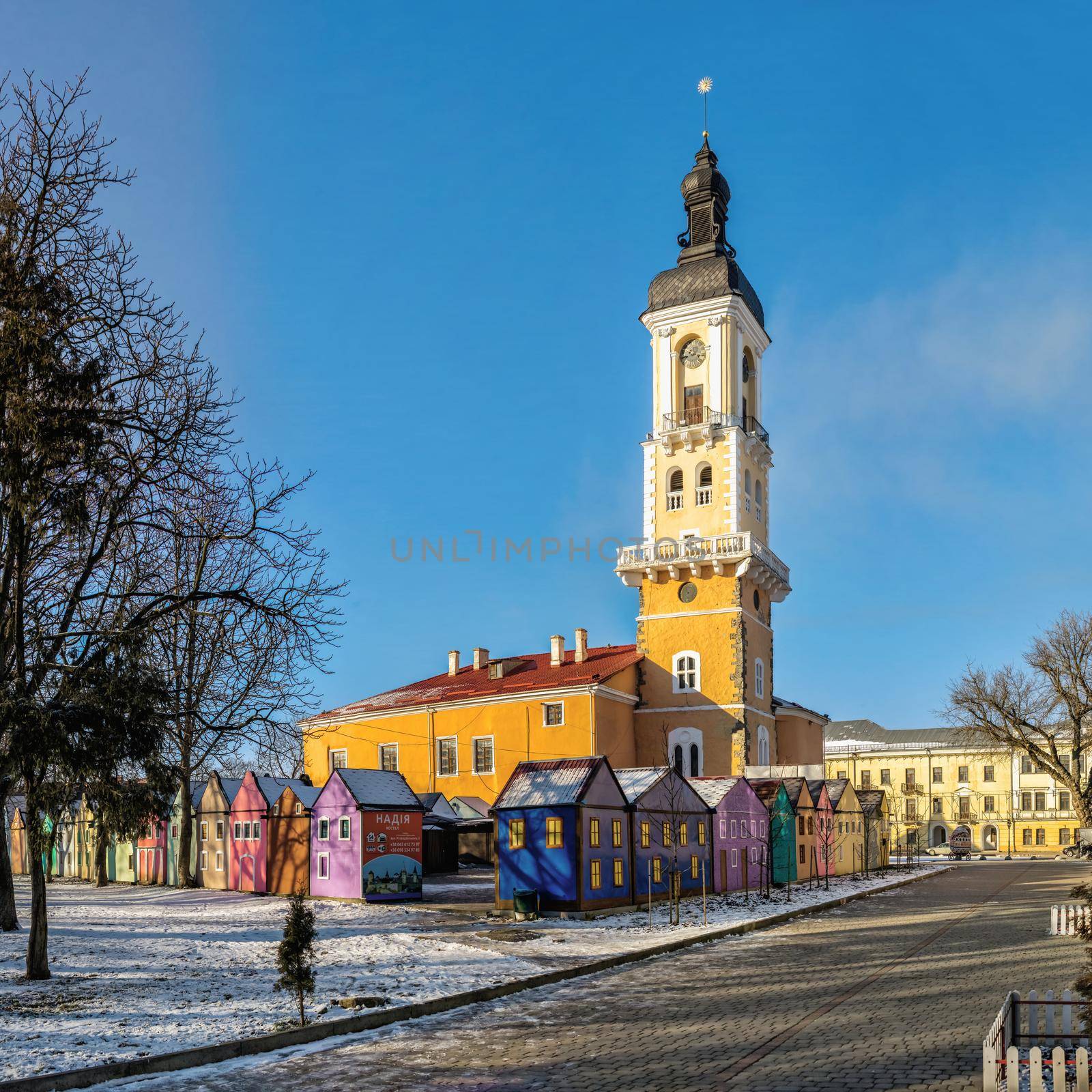 Kamianets-Podilskyi, Ukraine 01.07.2020. The old Town hall of Kamianets-Podilskyi historical centre on a sunny winter morning