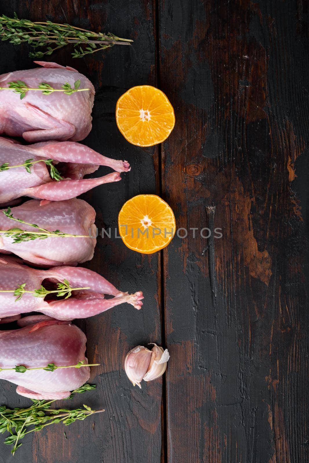 Fresh raw meat quail ready for cooking, flat lay, on dark wooden background with space for text