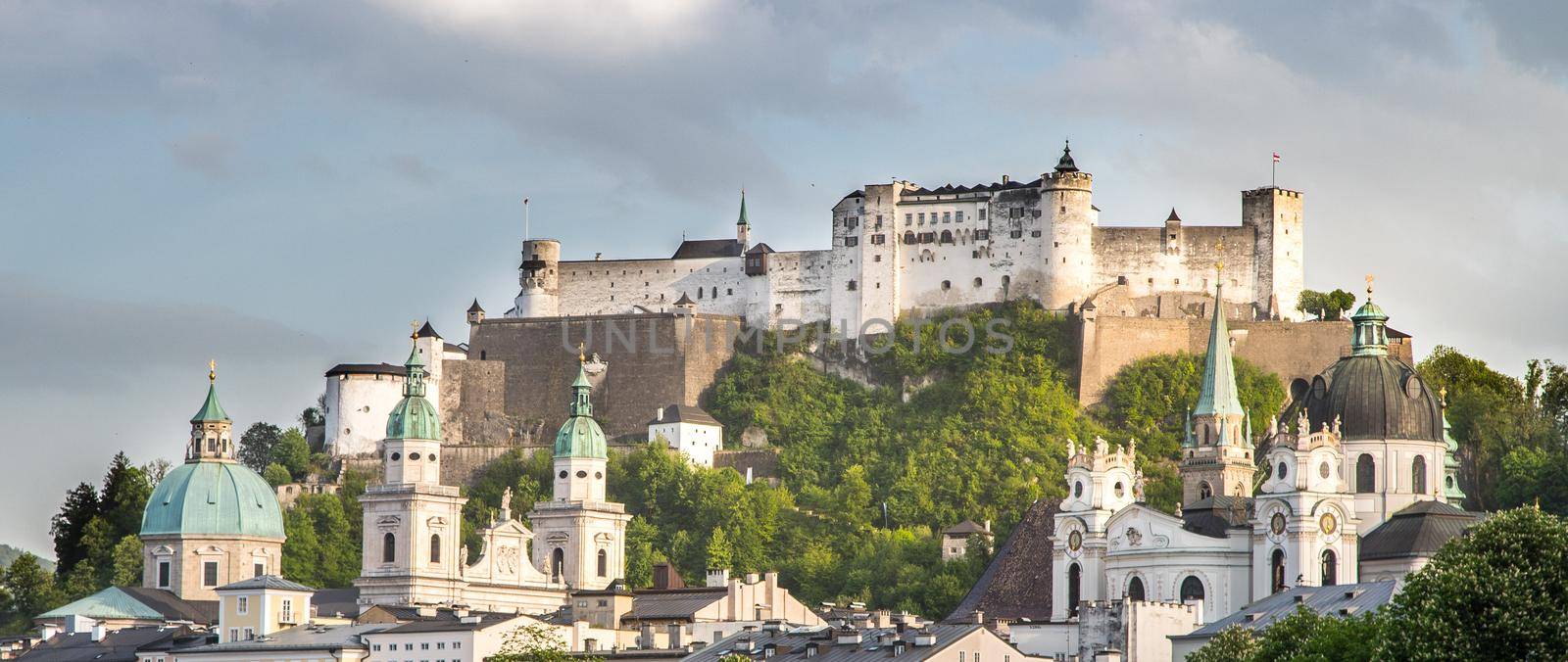 Salzburg summer time: Panoramic city landscape with Salzach with green grass and historic district by Daxenbichler
