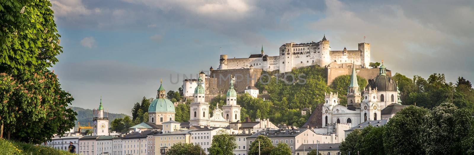 Idyllic panoramic city landscape of Salzburg in Summer