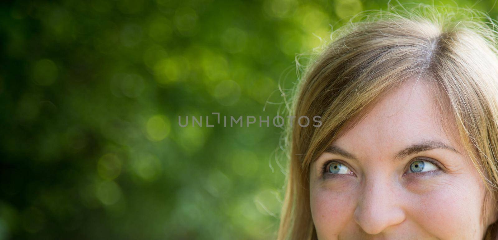 Cutout portrait of beautiful girl, blonde hair and blue eyes, summer time