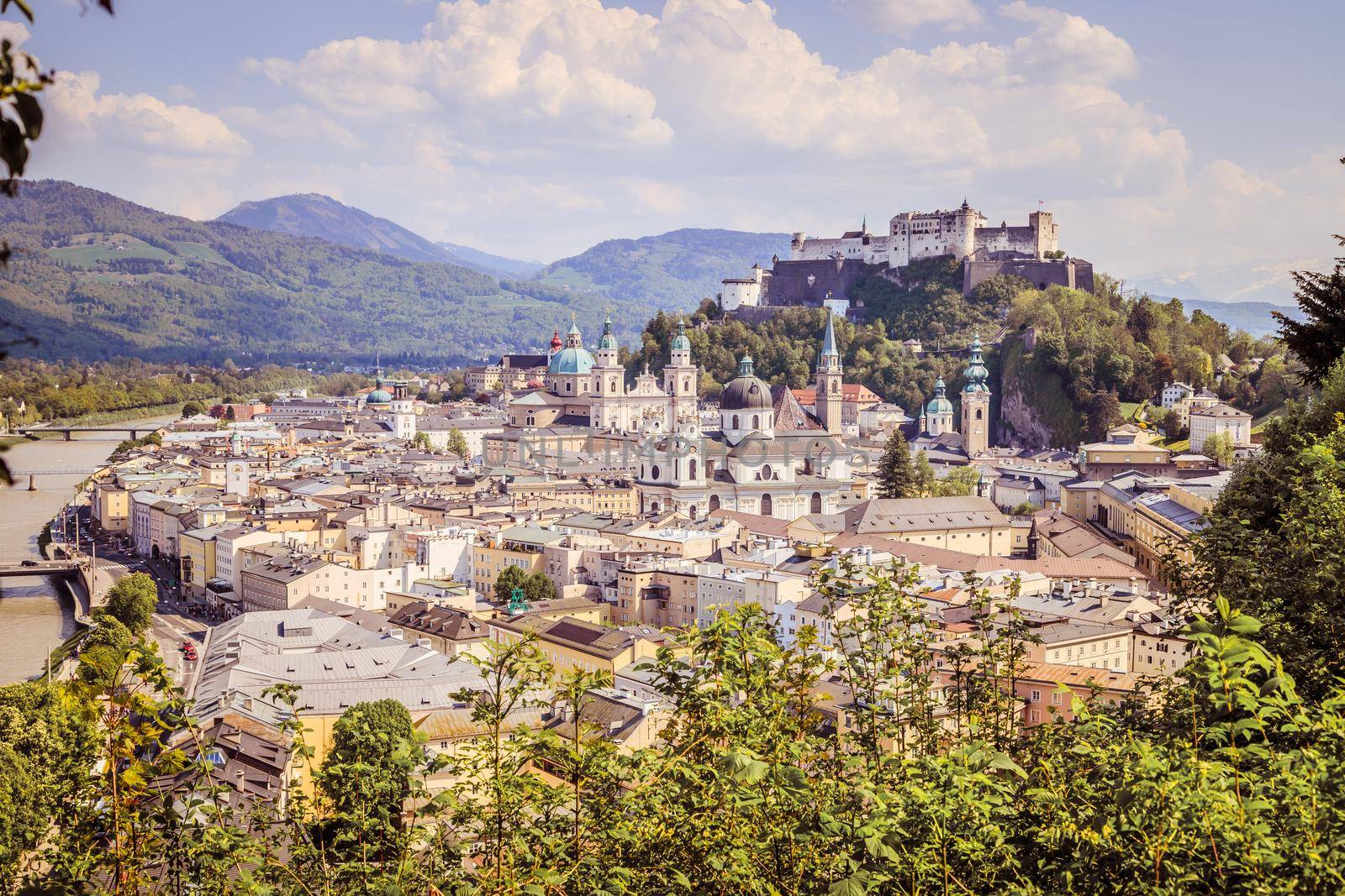 Idyllic panoramic city landscape of Salzburg in Summer