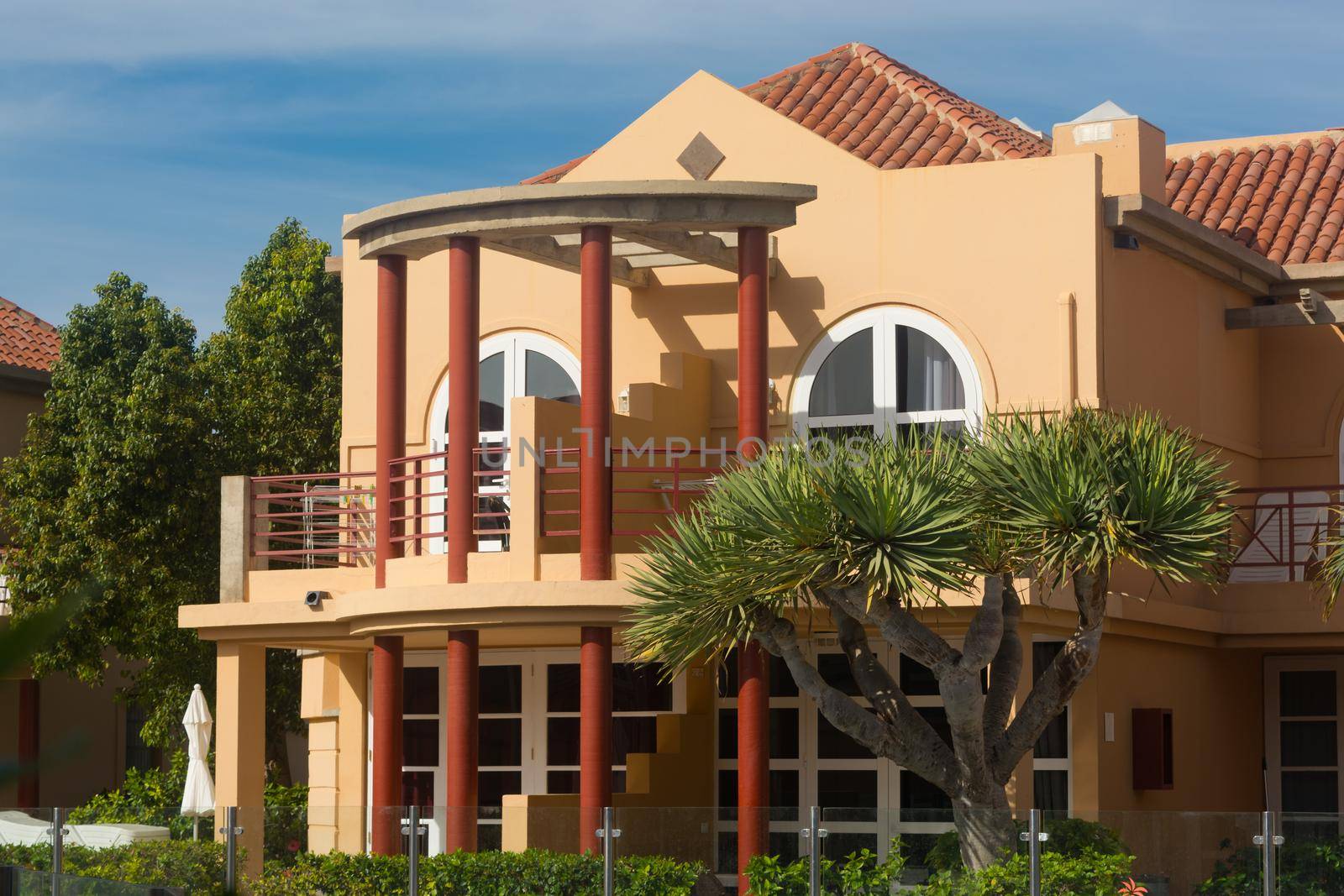 View of holiday apartment complex with swimming pool in Meloneras, Gran Canaria in Spain.