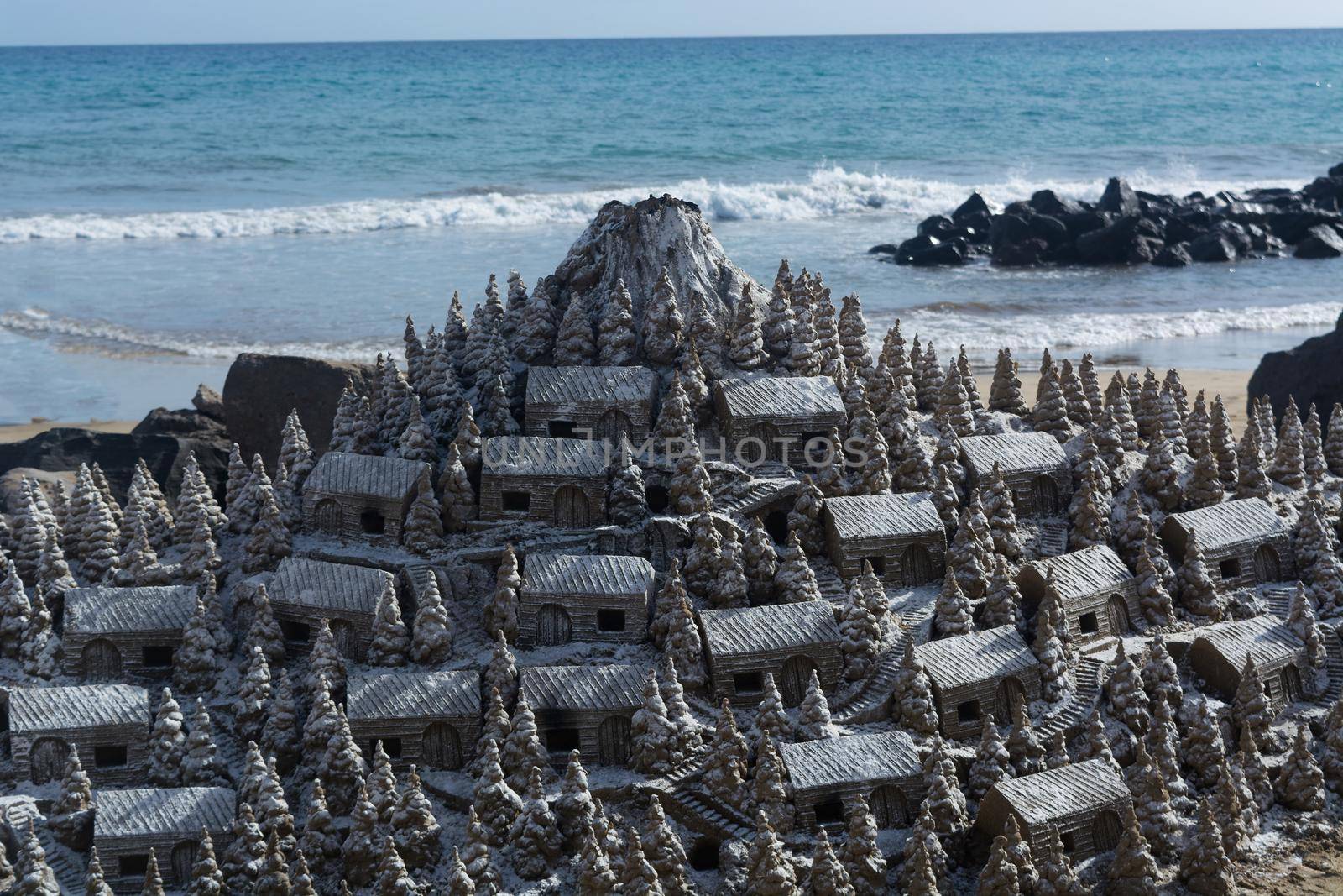 Christmas Village of sand on the beach of Cran Canaria in Meloneras