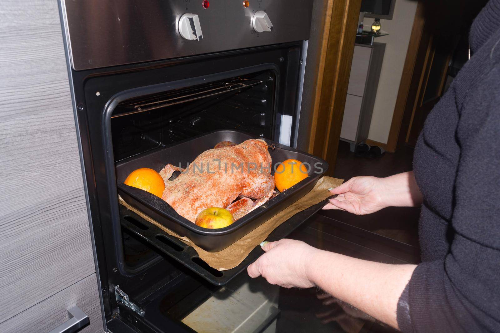 Roast goose stuffed with baked apples and oranges in a frying pan that is pushed in an oven, festive Christmas recipe. Top view with copy space.