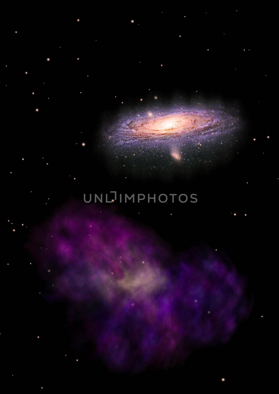 Stars and spiral galaxy in a free space. Elements of this image furnished by NASA . 3D rendering.