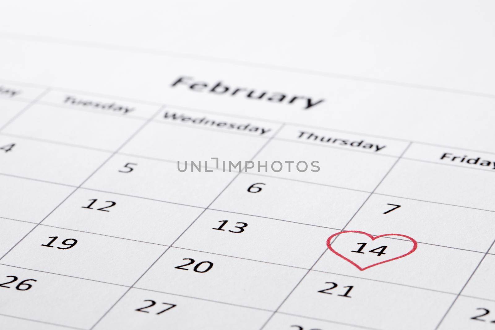 February 14 on the calendar, Valentine's day, red heart on date