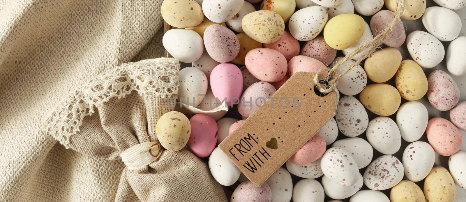 Easter eggs pastel background. Horizontla Flat lay
