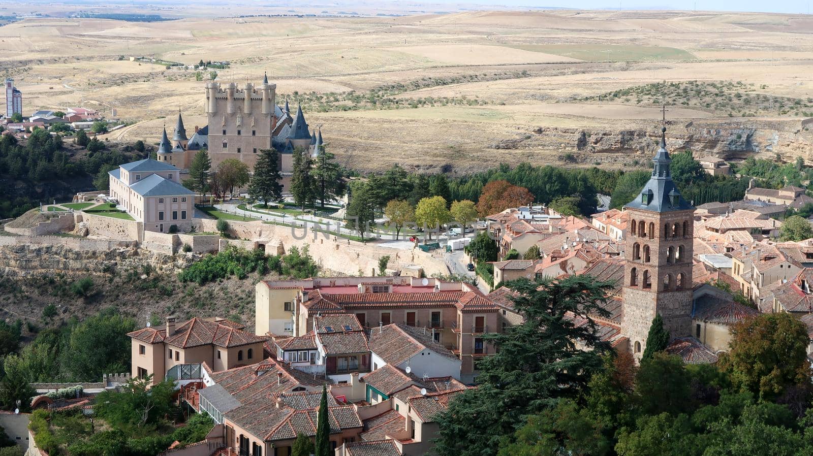 Cityscape of Segovia with Castle of Segovia in the distance, Spain