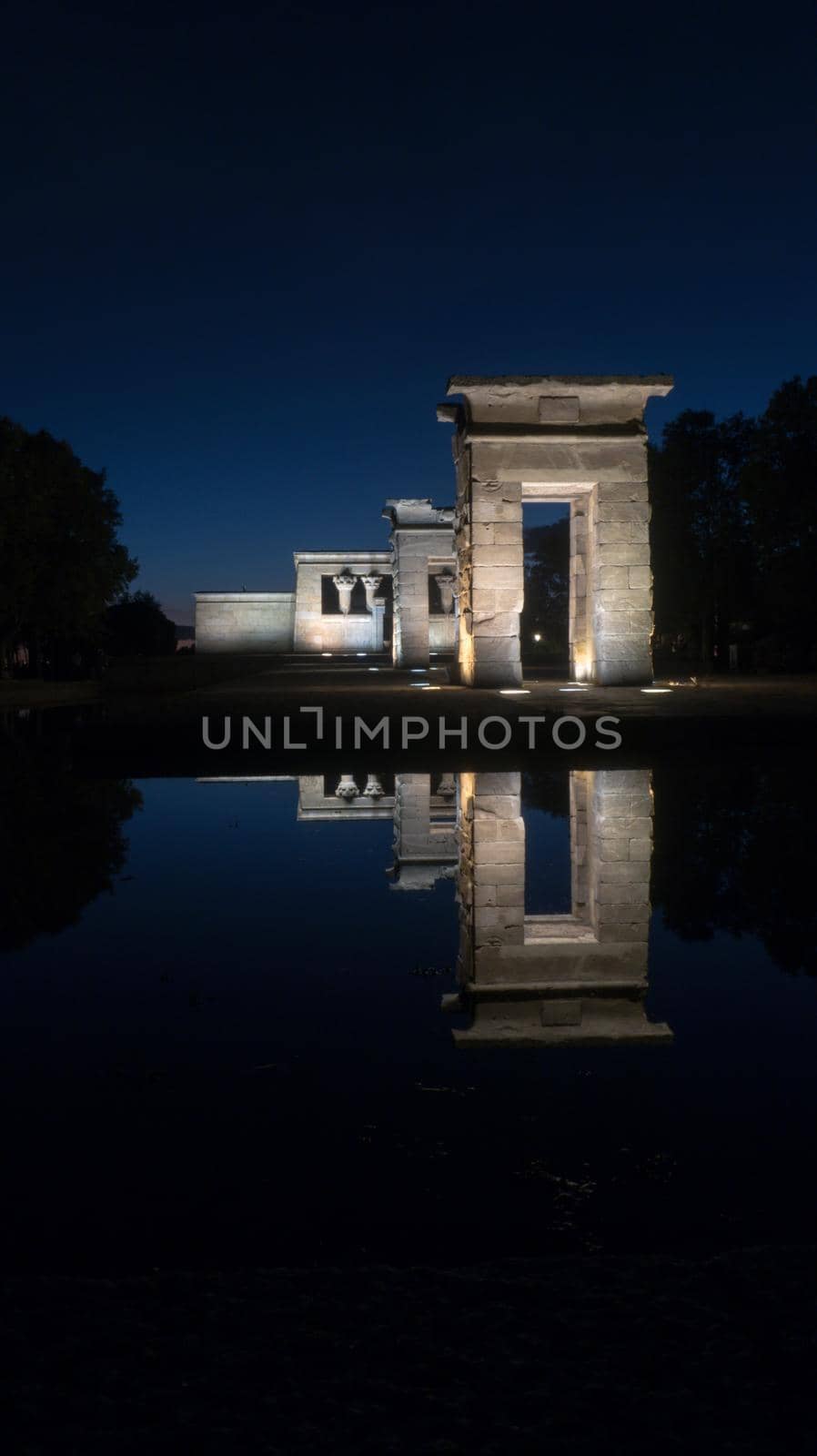 Side view of Temple of Debod at night, Madrid, Spain