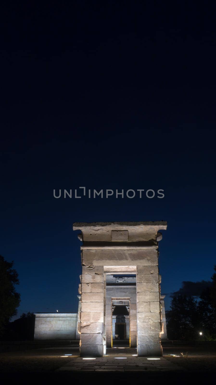 Sideview of Temple of Debod at night, Madrid, Spain