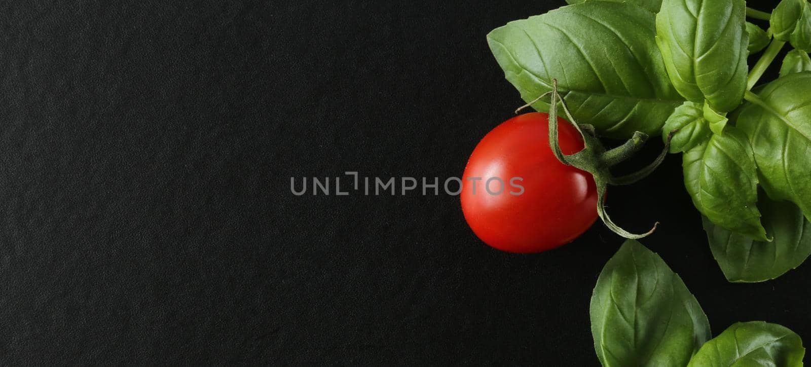 One tomato with basil on black background. Close up tomato