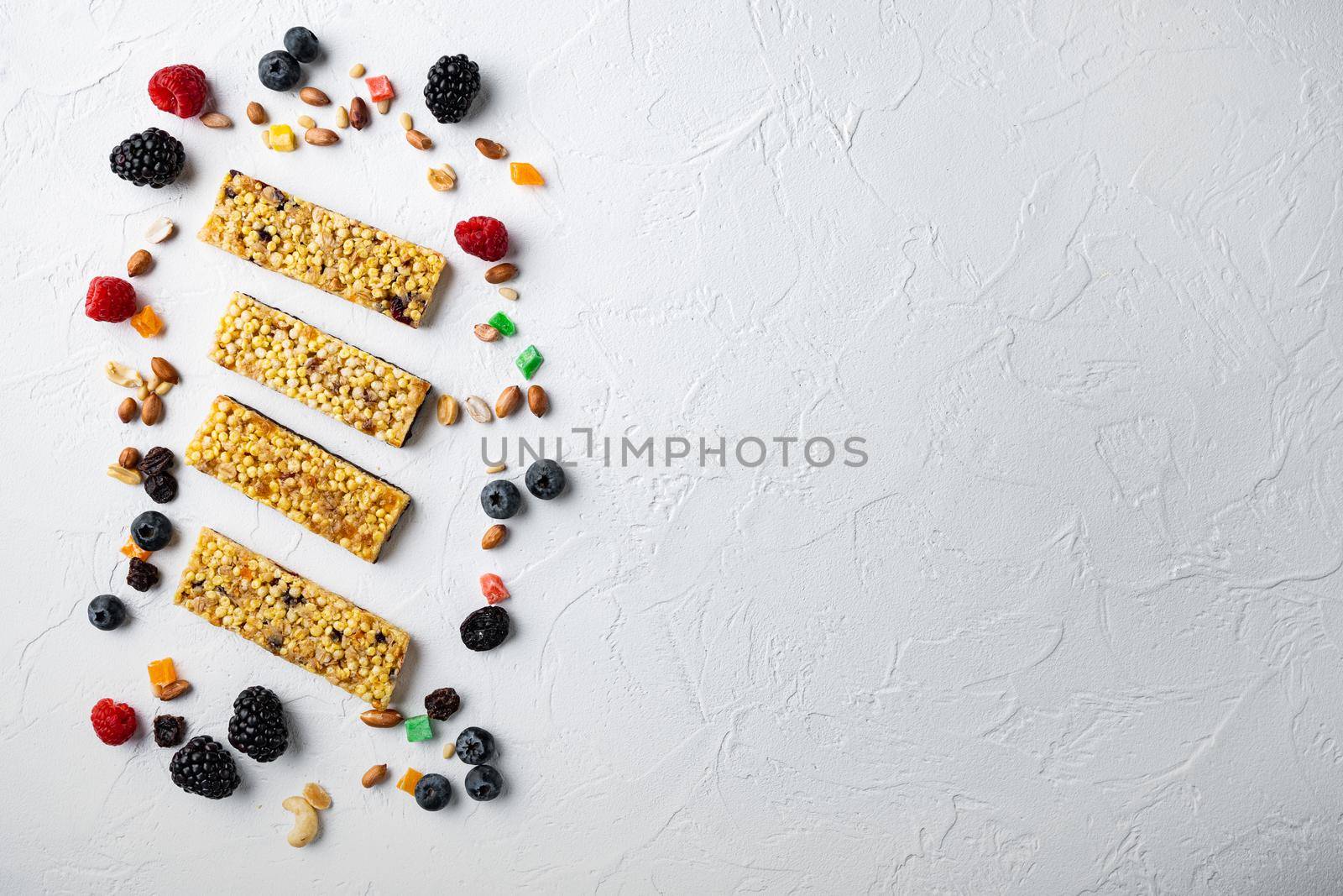Healthy snacks, fitness lifestyle and fiber diet concept, top view with copy space, on white background