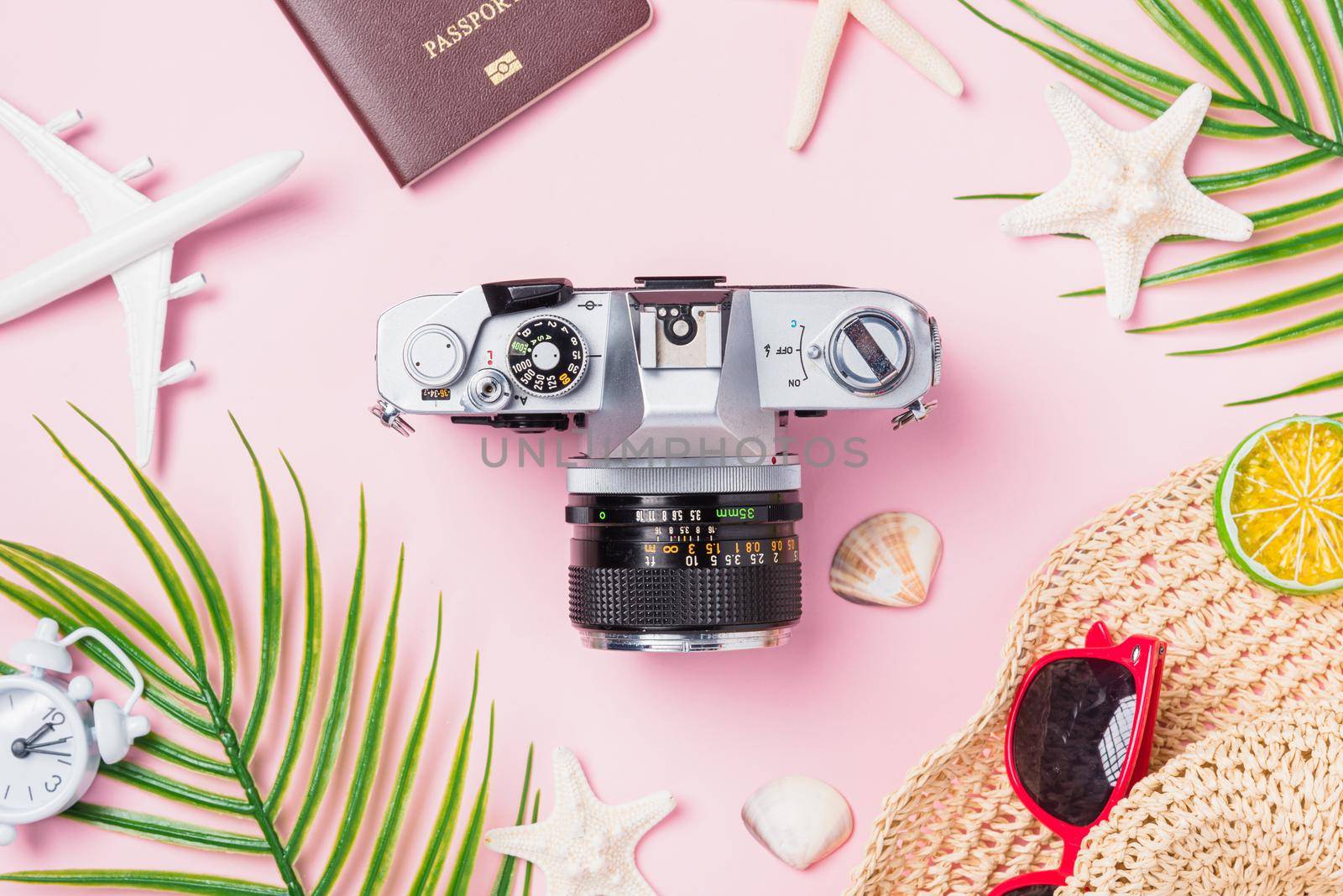 camera films, airplane, starfish, hat and traveler tropical accessories by Sorapop
