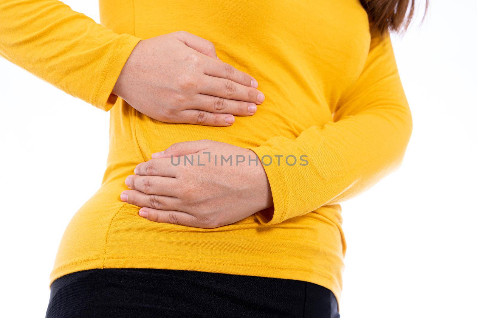 Woman hand touching stomach, waist, or liver position isolated white background. Health care and medical concept.