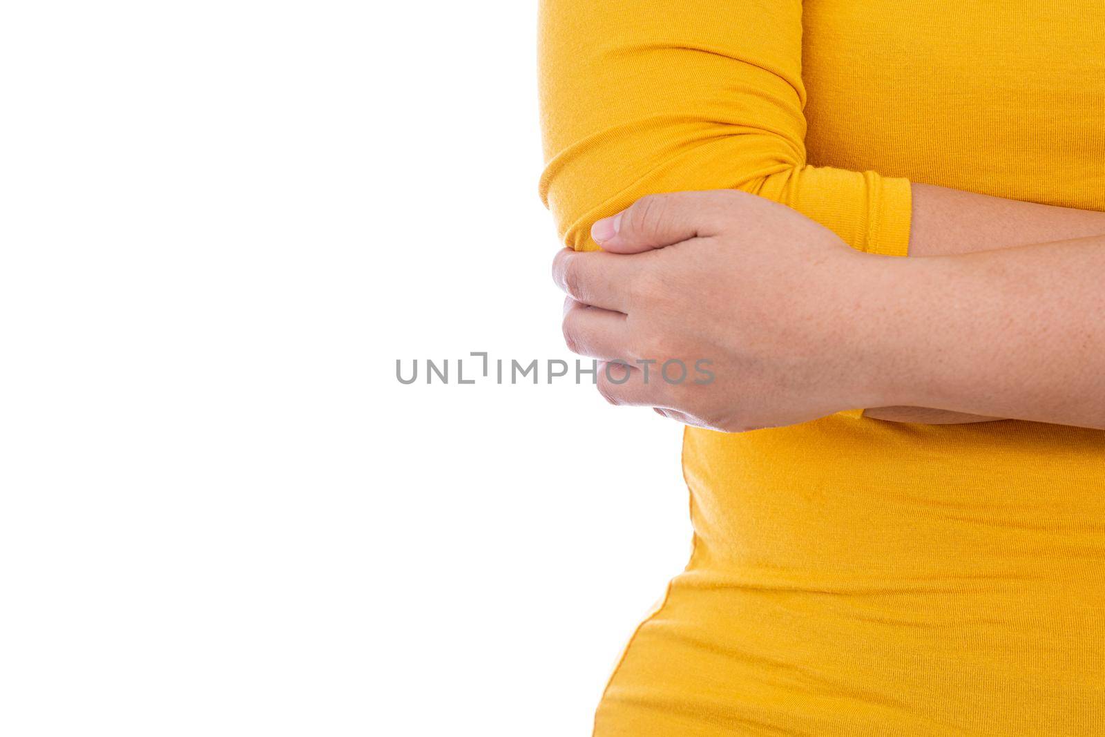 Woman hand holding her elbow isolated white background. Medical, healthcare for advertising concept. by mikesaran