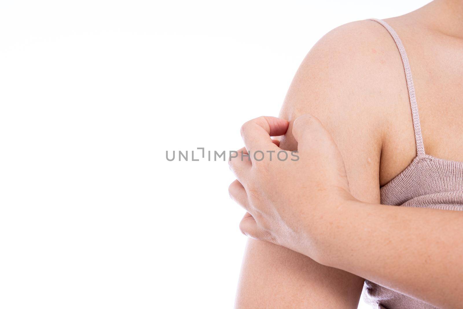 Female scratching her arm isolated white background. Medical, healthcare for advertising concept.